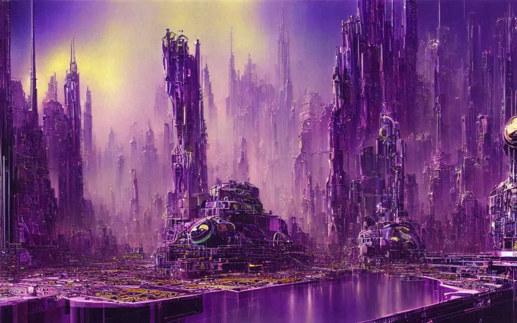 Image similar to a futurist cybernetic purple city, future perfect, award winning digital art by alan bean and bruce pennington