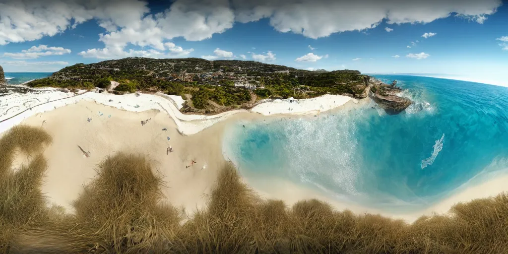 Image similar to 3 6 0 panorama hdr environment map of a beach from baywatch, photograph very high detail focus octane render