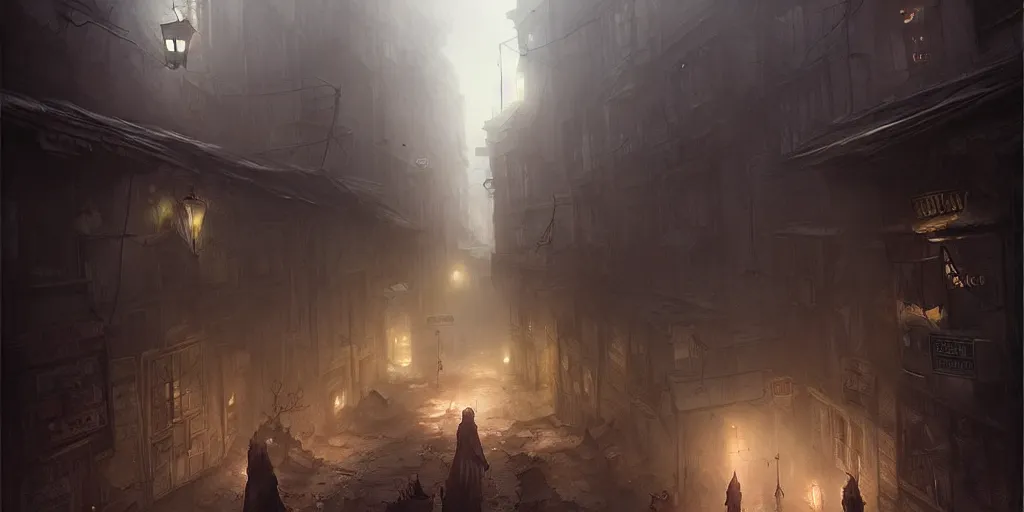 Image similar to dark town street by bastien lecouffe - deharme and charles bowater, greg rutkowski, adventure game, high angle, inspired by diablo concept art