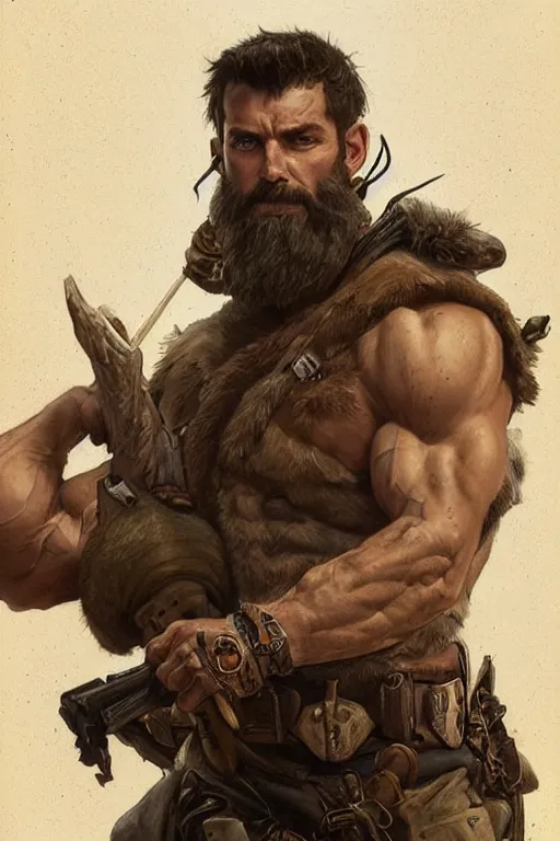 Image similar to portrait of a rugged ranger, muscular, handsome, upper body, hairy torso, D&D, fantasy, intricate, elegant, highly detailed, digital painting, artstation, concept art, smooth, sharp focus, illustration, art by artgerm and Greg Rutkowski and Alphonse Mucha