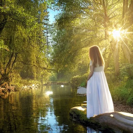 Prompt: a beautiful painting of the back view of a young lady in white dress washing her long hair by the river in a grown forest, sunlight reflected on the river, Celtic