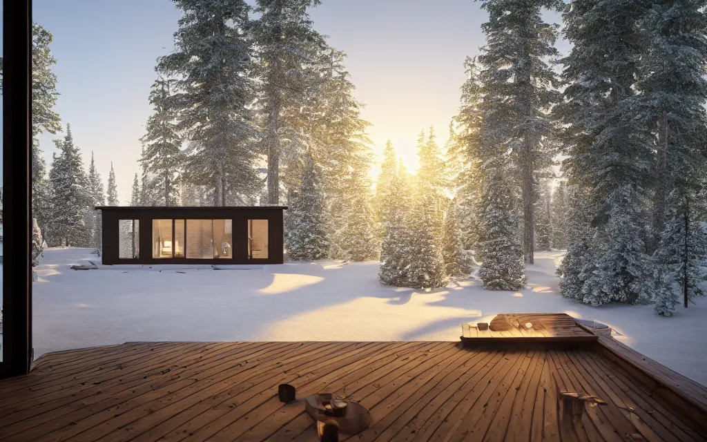 Prompt: finnish sauna exterior architectural visualization, sauna, large windows, winter scene, cozy, corona render, rendered in vray, evening light, sunset, lakeside, depth of field, mountainous landscape, pine forest, evermotion, ronen bekerman, contest winner, archviz, peter guthrie, ultradetailed, photorealistic, photoreal, mir, bertrand benoit