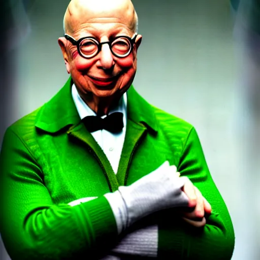 Image similar to uhd candid photo of hyperdetailed klaus schwab dressed as luigi. correct face, cinematic lighting, photo by annie leibowitz, and steve mccurry.