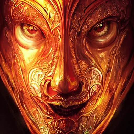 Prompt: Very very very very highly detailed epic photo of face with fiery demonic venetian mask, intricate, dystopian, sci-fi, extremely detailed, digital painting, artstation, concept art, smooth, sharp focus, illustration, intimidating lighting, incredible art by Artgerm and Vincent di Fate and Anton Pieck and Brom