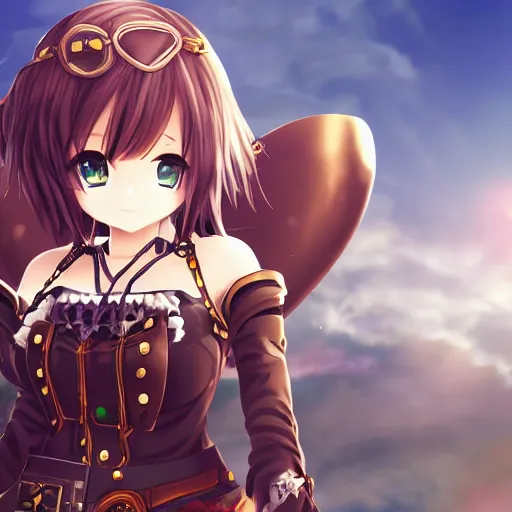 Image similar to a smug anime girl with steampunk wings and steampunk weapons, steampunk armor, extremely detailed, cinematic lighting, anime, sunny, sky, clouds,