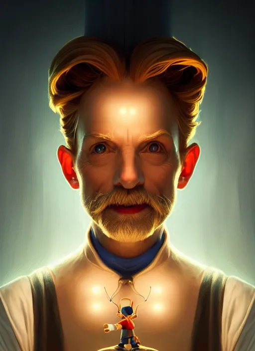 Prompt: symmetry portrait of geppetto from pinocchio, glowing lights, intricate, elegant, highly detailed, digital painting, artstation, concept art, smooth, sharp focus, illustration, art by artgerm and greg rutkowski and alphonse mucha
