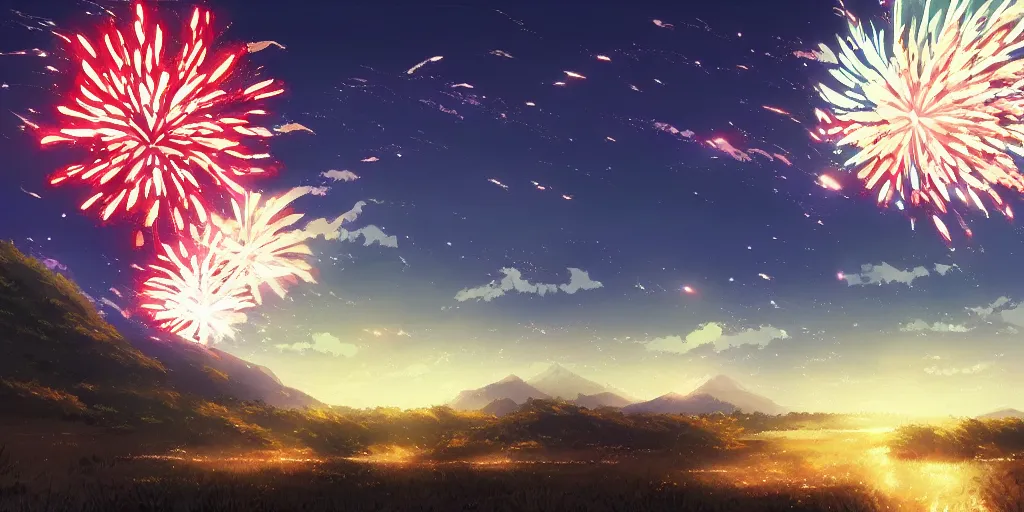 Image similar to fireworks, mountain, summer festival wide landscape, eva, war, lonely, art by makoto shinkai