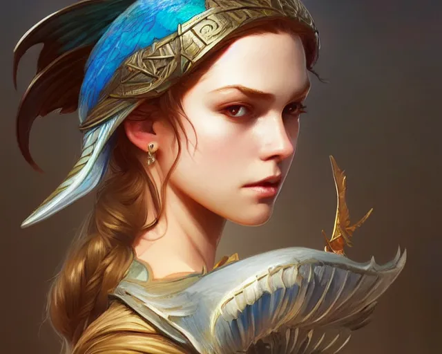 Image similar to a girl clothes inspired by a kingfisher, deep focus, d & d, fantasy, intricate, elegant, highly detailed, digital painting, artstation, concept art, matte, sharp focus, illustration, hearthstone, art by artgerm and greg rutkowski and alphonse mucha