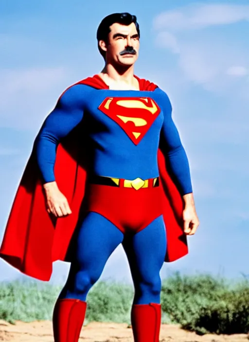 Image similar to film still of tom selleck as superman in superman, 4 k