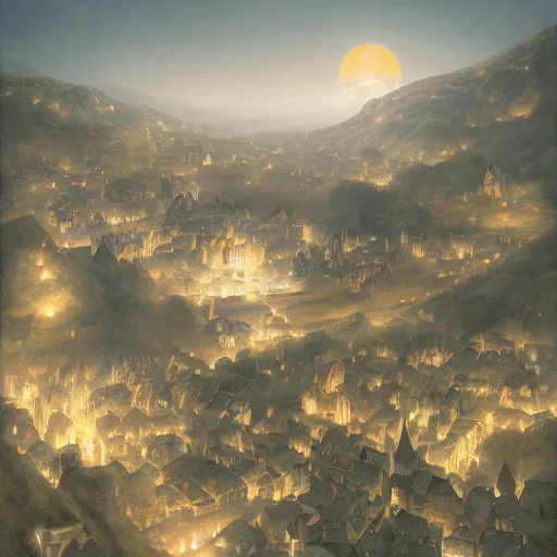 Image similar to aerial view of a hilly medieval town situated below an orb of light hanging in the sky. bright orb, by alan lee by peter mohrbacher, trending on artstation sharp focus vfx key shot