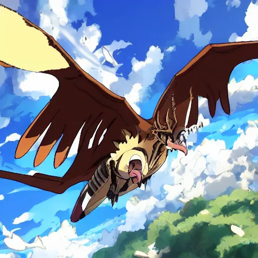 Prompt: large feathered brown wyvern in My Hero Academia latching onto the top of U.A High School roaring, detailed