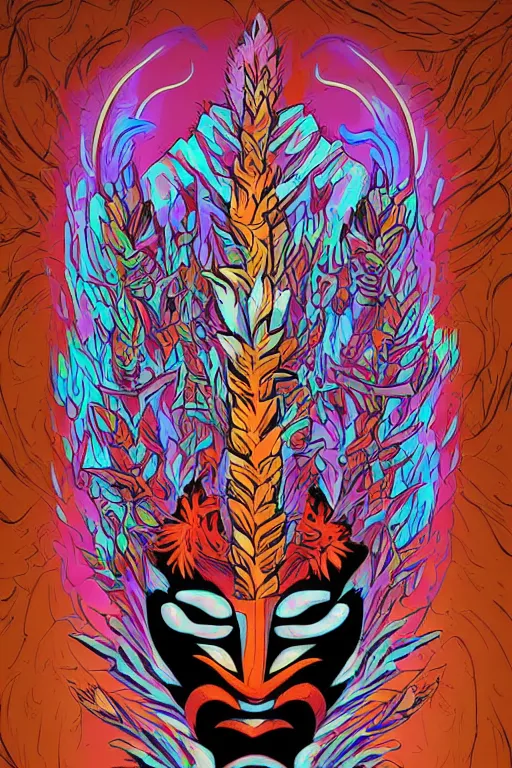 Image similar to animal mask totem roots flower tribal feather gemstone plant wood rock shaman vodoo video game vector cutout illustration vivid multicolor borderlands comics by josan gonzales and dan mumford radiating a glowing aura