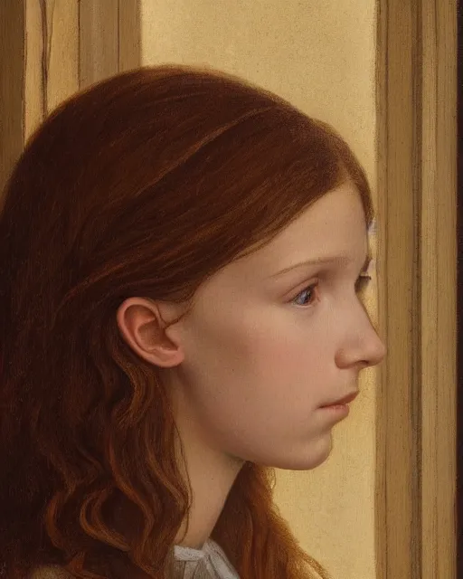 Image similar to a window - lit realistic portrait painting of a thoughtful girl resembling a young, shy, redheaded alicia vikander or millie bobby brown, lit by a window at the side, highly detailed, intricate, by leonardo davinci and boticelli