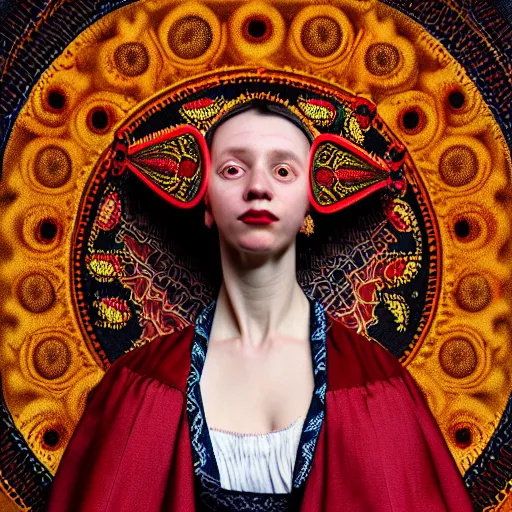 Image similar to Colour Caravaggio style full body portrait Photography of Highly detailed beautiful Woman wearing detailed Ukrainian embroidery folk costume designed by Taras Shevchenko with 1000 years perfect face wearing highly detailed retrofuturistic VR headset designed by Josan Gonzalez. Many details In style of Josan Gonzalez and Mike Winkelmann and andgreg rutkowski and alphonse muchaand and Caspar David Friedrich and Stephen Hickman and James Gurney and Hiromasa Ogura. Rendered in Blender and Octane Render volumetric natural light