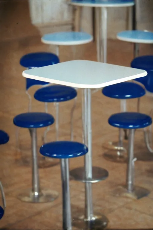 Image similar to a cup of coffee sitting on top of a white table diner booth, high angle, blue booth seats, a hyperrealistic photo by IAN SPRIGGS, flickr, conceptual art, photo taken with ektachrome, photo taken with provia, kodak portrait