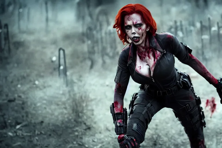 Image similar to film still of zombie zombie Black Widow as a zombie in new avengers movie, 4k