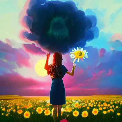 Image similar to girl with a giant daisies head, surreal photography, flower field, sunset dramatic light, impressionist painting, colorful clouds, blue sky, digital painting, artstation, simon stalenhag