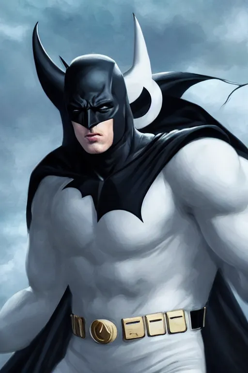 Image similar to characters portrait of MoonKnight mixed with Batman by ArtGerm and Tom Bagshaw, merged character, Full body shot, cinematic opening shot, 4k, highly detailed, cinematic lighting