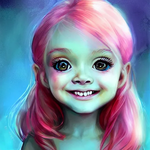 Image similar to Portrait of a beautiful little girl smiling with big eyes, as excited as the first time she ate sugar ,artwork by Ross Tran