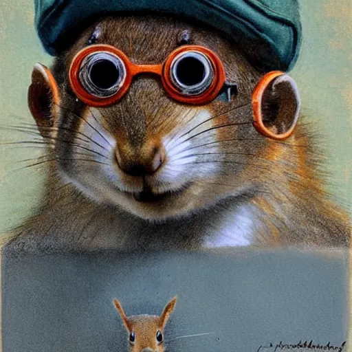 Prompt: portrait painting of a squirrel wearing a ww 2 aviators cap, looking at camera, 8 k, by norman rockwell,