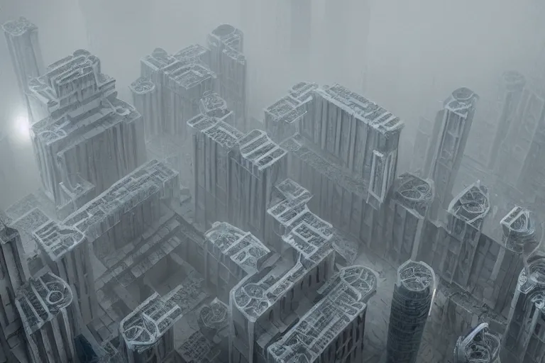 Image similar to a complex organic fractal 3 d ceramic megastructure city, cinematic shot, foggy, photo still from movie by denis villeneuve