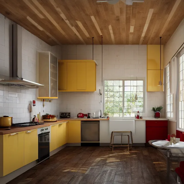 Image similar to kitchen interior in a wooden a frame cabin, yellow cabinets and white walls, red vintage fridge, large window in back, leather couch, realistic, unreal engine render, octane render, hyper realistic, photo, 8 k