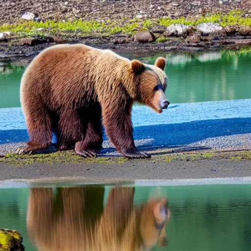 Image similar to a brown bears sees it's reflection in the lake ( eos 5 ds r, iso 1 0 0, f / 8, 1 / 1 2 5, 8 4 mm, postprocessed, crisp bokeh )