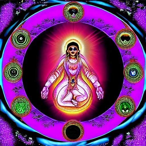 Image similar to “ woman ascending to moksha, hindu eschatology, ps 2 style graphics, hallucinogenic space dust, enlightenment, wheel of samsara ”