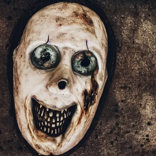 Prompt: photography, horror, a rotting undead corpse wears a wax mask of a healthy, smiling face to conceal the decomposing face beneath, disturbing, dusk, medieval tavern