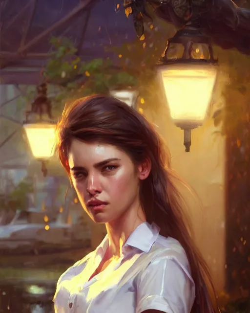 Prompt: epic portrait cinematic shot an waitress in a white short sleeved uniform showing of her coffee, sweaty skin, wet flowing hair, fine details. night setting. realistic shaded lighting poster by craig mullism, artgerm, jeremy lipkin and michael garmash, unreal engine, radiant light, detailed and intricate environment, digital art, trending on art station,