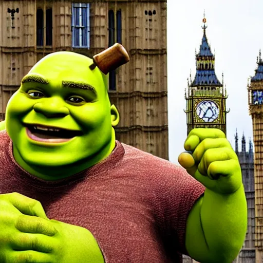 Prompt: shrek with a hammer next to the big ben