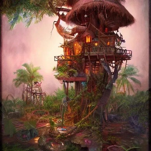 Prompt: tikipunk treehouse, fantasy oil painting, fine art, cinematic lighting, framed focus, hyperdetailed, 8k, high resolution, insanely detailed and intricate, surreal, trending on artstation, octane render