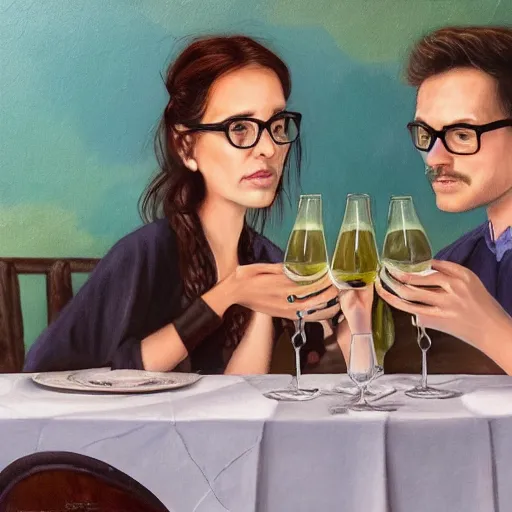 Prompt: hyper - realistic portrait, 8 k, extreme detail, of a couple dining at a restaurant, sitting in outdoor seating in the lower west side, with glasses of wine on the table, and multiple dishes of beautiful vegan food on the table