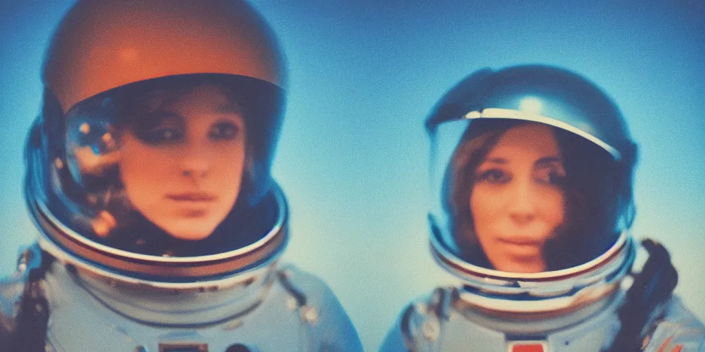 Prompt: vintage polaroid portrait of a beautiful young woman wearing a space helmet, on the surface of mars, lit from behind, 8k, warm azure tones, color bleed, film grain