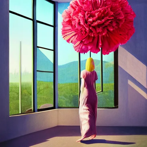 Image similar to giant carnation flower head, woman walking next to modern window in luxury apartment, surreal photography, sunlight, impressionist painting, digital painting, artstation, simon stalenhag