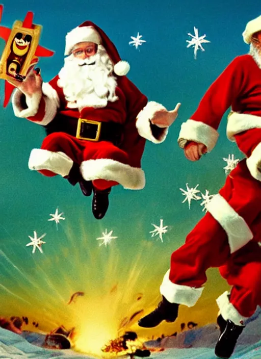 Image similar to Santa and Jesus' Totally Radical Adventure, action shot of them jumping away from an explosion towards us, cinematic shot, movie poster (1989)