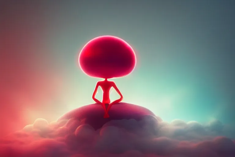 Image similar to a cute alien sitting on a cloud relaxing, misty, glows, blender render, hazy, foggy, red lighting,