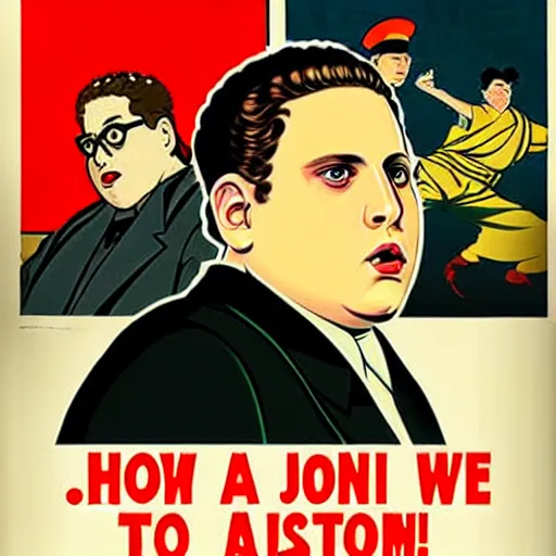 Prompt: how will we capture famous actor jonah hill? he is is causing trouble in this region. How do we stop him? NO JONAH HILLS ALLOWED. JONAH HILL is the subject of this ukiyo-e hellfire eternal damnation catholic strict propaganda poster rules religious. WE RULE WITH AN IRON FIST. mussolini. Dictatorship. Fear. 1940s propaganda poster. ANTI JONAH HILL. 🚫 🚫 JONAH HILL. POPE. art by joe mugnaini. art by dmitry moor. Art by Alfred Leete.