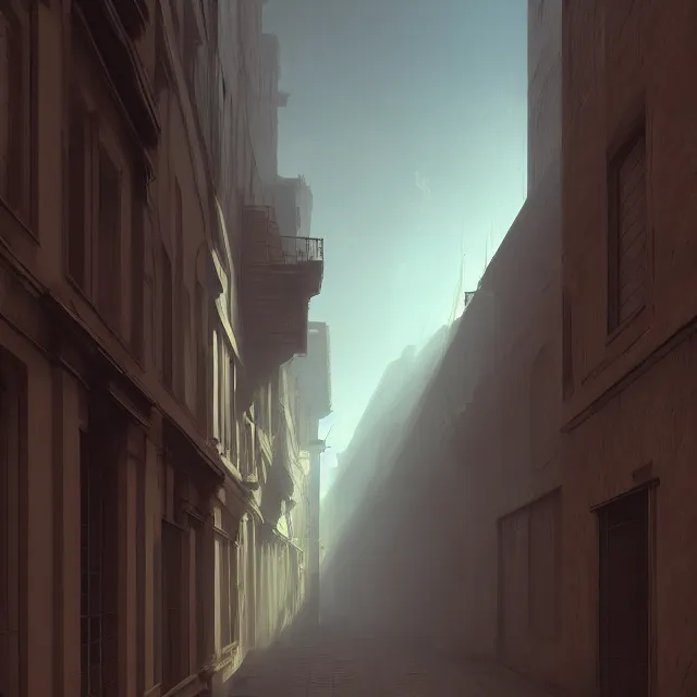 Image similar to a long narrow alleyway between buildings leading into the horizon by joseph ducreux, artstation, volumetric lighting, perfect, high detail