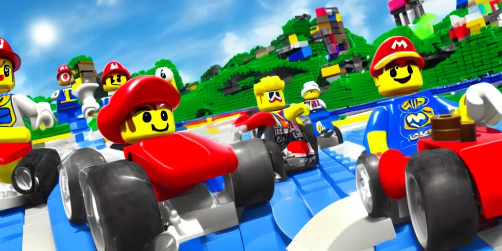 Image similar to still frame from lego mario kart