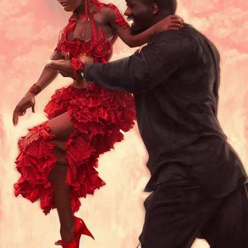 Prompt: a photograpic portrait of a black man dancing with a female devil wearing red clothes, fantasy, intricate, elegant, highly detailed, digital painting, artstation, concept art, smooth, sharp focus, illustration, art by artgerm and H R Giger and alphonse mucha