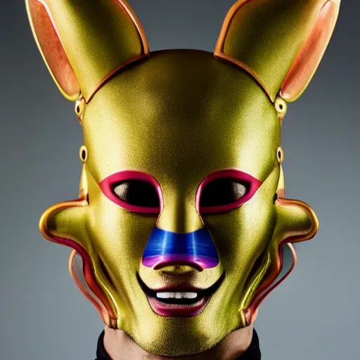 Image similar to an slim athletic beautiful male alien with ombre colored skin wearing a futuristic kitsune mask, photographed by erwin olaf for a fine art gallery