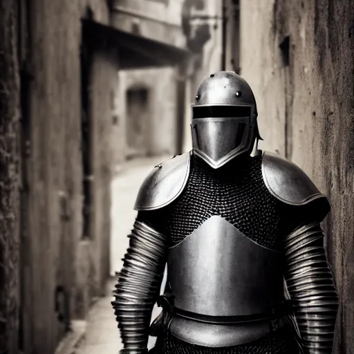 Prompt: Aging knight in black plate armor stands alone in empty alley, no helmet, grey hair, Dungeons and Dragons, character portrait, highly detailed