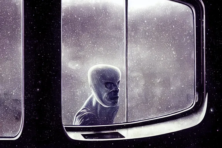 Image similar to a cinematic painting of an alien creature inside of spaceship looking out of a small rainy window, beautiful lighting, high depth, ultra realistic, artistic, by annie leibovitz and zack snyder