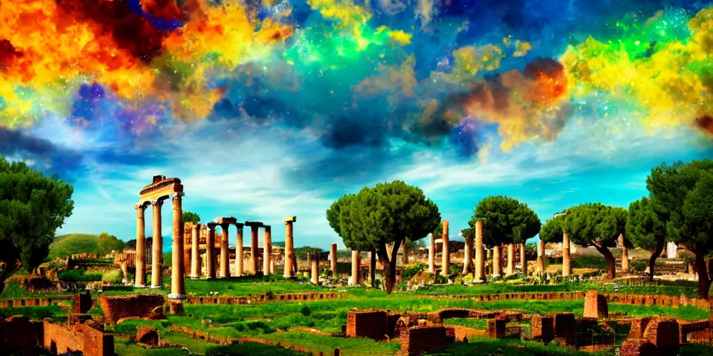 Image similar to spiritual chakra energies in the ruins of ancient rome, dreamy sky, olive fields in the distance, very colorful painting 8 k trending on art station, intricate superb details, digital art, cinematic lighting, volumetric lighting, photographic, blur bokeh defocus dof sky by afremov, award winning masterpiece.