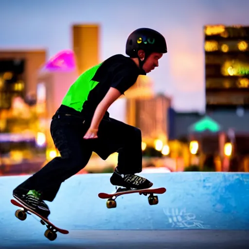 Image similar to professional photo of a skateboarder performing a grab trick, focused on brightly colored deck, thrasher magazine, 8 k, bokeh, bright ambient lighting key light, 8 5 mm f 1. 8