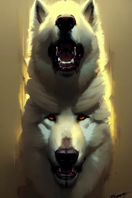 Image similar to greg rutkowski art poster, heroic samoyed. trending on artstation