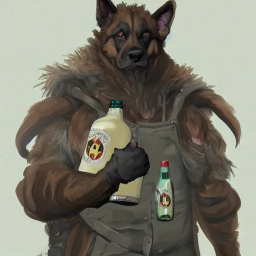 Image similar to a humanoid german shepherd beast - man in military style, holding a bottle of beer, artstation, concept art, smooth, sharp foccus ilustration, artstation