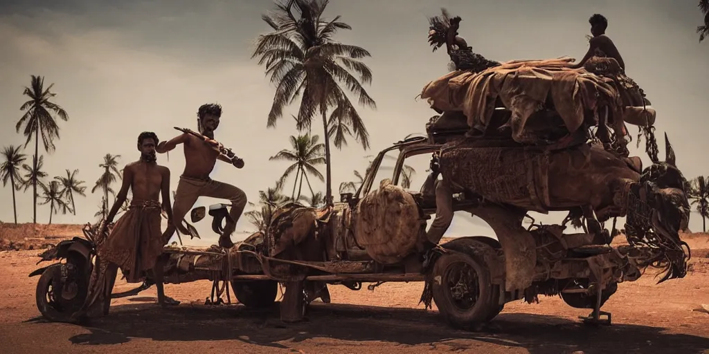 Image similar to sri lankan mad max style, playing bongo drum, on top of a truck, film still, epic shot cinematography, rule of thirds