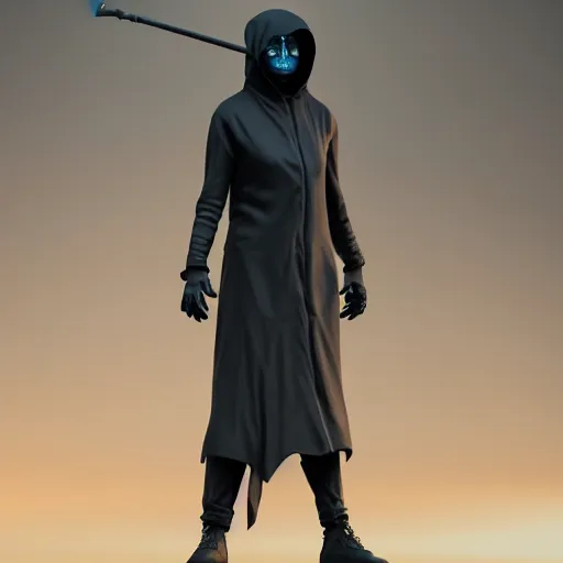 Image similar to nanopunk grim reaper, character design, high quality digital art, render, octane, redshift, volumetric lighting, 3 d render